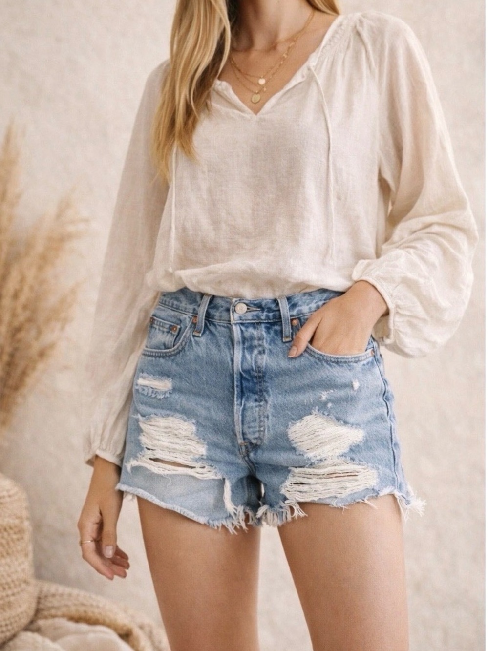 Levi's Light Blue Distressed High-Rise Denim Shorts